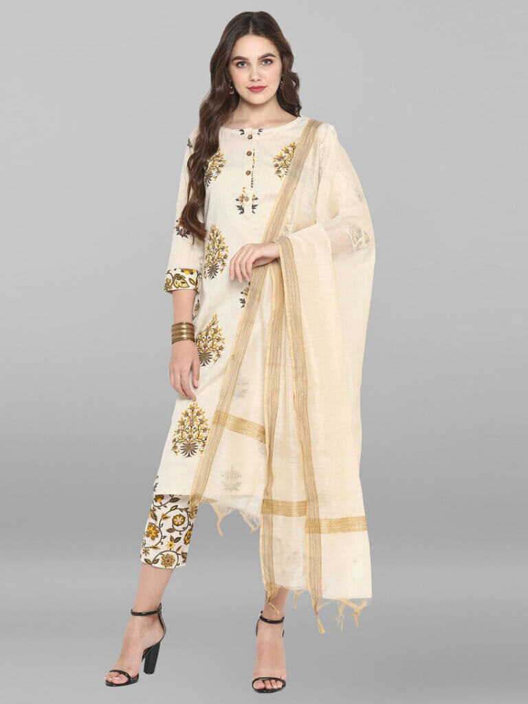 Long Kurtas And Trousers With Embossed Cotton Dupatta
