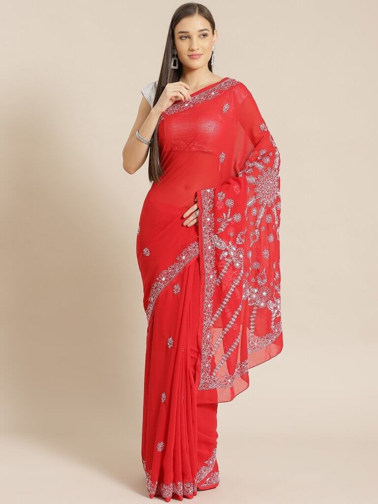 Red Chikan Saree