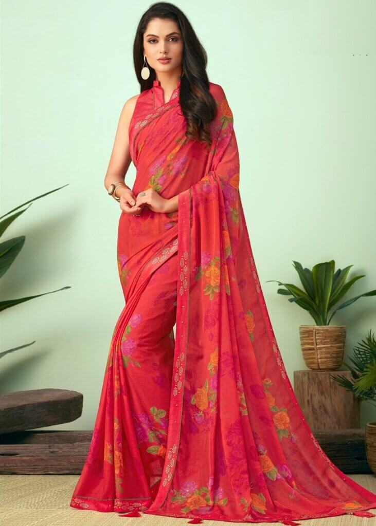 Red Floral Printed Saree